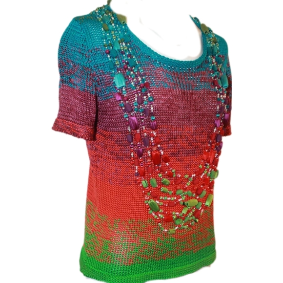 *$2,200 OSCAR DE LA RENTA SILK BEAD   KNIT ART RUNWAY TOP BLOUSE S - Picture 3 of 10